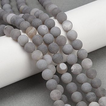Natural Druzy Agate Beads Strands, Round, Frosted, Dyed & Heated, Dark Gray, 8mm, Hole: 1.2mm, about 48pcs/strand, 15.55''(39.5cm)