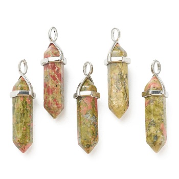 Natural Unakite Pendants, with Platinum Tone Brass Findings, Bullet, 39.5x12x11.5mm, Hole: 4.5x2.8mm