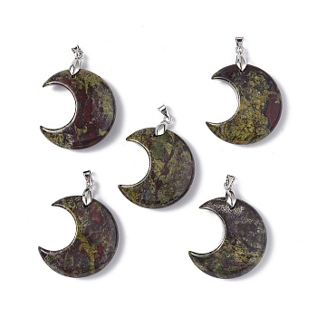 Natural Dragon Blood Jasper Pendants, Moon Charms, with Platinum Tone Brass Findings, 35x27x10mm, Hole: 10x4mm