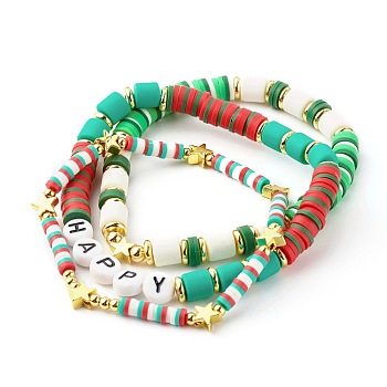Handmade Polymer Clay Beads Stretch Bracelets Sets, with Brass Beads and Acrylic Enamel Beads, HAPPY, Dark Sea Green, Inner Diameter: 2-1/8 inch(5.5cm), 3pcs/set