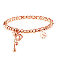 SHEGRACE Titanium Steel Charm Bracelets, with Round Beads and Cable Chains, Gourd and Flat Round with Chinese Character Fu, Rose Gold, 2 inch(5cm)(JB686A)