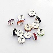 Brass Rhinestone Spacer Beads, Grade A, Straight Flange, Silver Color Plated, Rondelle, Mixed Color, 8x3.8mm, Hole: 1.5mm(X-RB-A014-Z8mm-S)