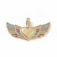 Brass Micro Pave Clear Cubic Zirconia Pendants, Heart with Wing, Golden, 39x21.5x3~5mm, Hole: 3x5mm(ZIRC-F135-08G)