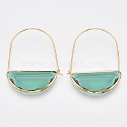 Brass Hoop Earrings, with Glass, Nickel Free, Real 18K Gold Plated, Faceted, Half Round, Light Sea Green, 44mm, Pin: 0.8mm(EJEW-T007-04G-01-NF)