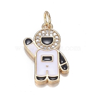 Brass Micro Clear Cubic Zirconia Pendants, with Enamel, Long-Lasting Plated,  Astronaut, White & Black, Real 18K Gold Plated, 20x13x2mm, Hole: 3.6mm(X-ZIRC-F120-068G)