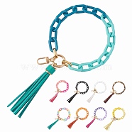Chain Link Wristlet Keychain, Acrylic Bracelet Tassel Keychain, with Alloy Findings, Green, 29cm(HJEW-SW00013-07)