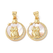 Brass Micro Pave Clear Cubic Zirconia Pendants, with Shell, Real 18K Gold Plated, Owl, Flat Round, 20.5x16x3.5mm, Hole: 5.5x3.5mm(KK-B083-32B-G)