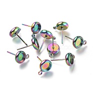 Ion Plating(IP) 304 Stainless Steel Stud Earring Settings, with Loop, Flat Round, Rainbow Color, Flat Round: 11x8.3mm, Hole: 1.6mm, Pin: 0.8mm, Tray: 6mm(STAS-I161-01B-M)
