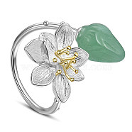 SHEGRACE 925 Sterling Silver Cuff Rings, Open Rings, with Natural Jade, Flower, Green, US Size 8 1/2(18.5mm)(JR773A)