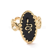 Black Enamel Oval with Snake Open Cuff Ring, Titanium Steel Jewelry for Women, Golden, Inner Diameter: 18mm(KK-A181-VF489)
