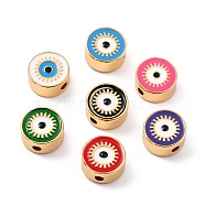 Real 18K Gold Plated Brass Beads, with Enamel, Long-Lasting Plated, Flat Round with Evil Eye, Mixed Color, 11.5x6mm, Hole: 2.5mm(KK-A155-30G)