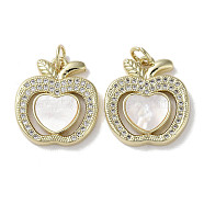 Brass Micro Pave Cubic Zirconia Pendants, with Shell, Real 18K Gold Plated, Apple, 19x16.5x3mm, Hole: 3mm(KK-G485-30C-G)