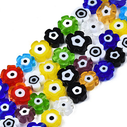 Handmade Lampwork Beads Strands, Flower with Evil Eye, Mixed Color, 7~9x7~9x3mm, Hole: 0.8mm, about 50~52pcs/strand, 14.57 inch~15.35 inch(37~39cm)(LAMP-N023-002A-11)
