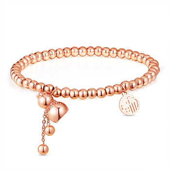 SHEGRACE Titanium Steel Charm Bracelets, with Round Beads and Cable Chains, Gourd and Flat Round with Chinese Character Fu, Rose Gold, 2 inch(5cm)