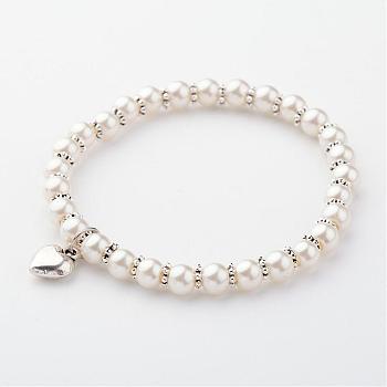 Glass Pearl Stretch Bracelets, with Alloy Findings, Creamy White, 54mm