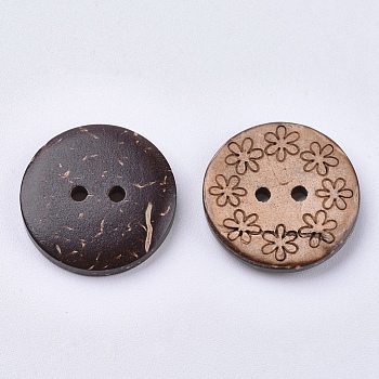 Coconut Buttons, 2-Hole, Flat Round, Coffee, 20x2.5~3.5mm, Hole: 1.5mm