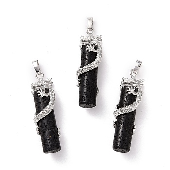 Tube Natural Lava Rock Pendants, with Dragon Brass Findings, Platinum, 48x15x10mm, Hole: 7x5mm