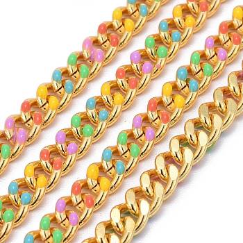 Handmade Brass Curb Chains, with Enamel and Spool, Unwelded, Long-Lasting Plated, Real 18K Gold Plated, Colorful, 6x5x1.2mm, about 32.8 Feet(10m)/roll