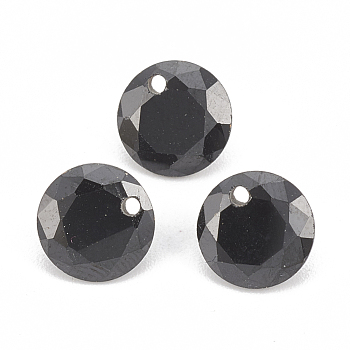 Cubic Zirconia Charms, Faceted, Flat Round, Black, 8x4.5mm, Hole: 1mm
