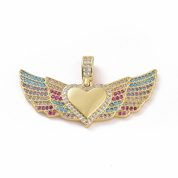Brass Micro Pave Clear Cubic Zirconia Pendants, Heart with Wing, Golden, 39x21.5x3~5mm, Hole: 3x5mm