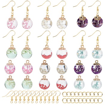 DIY Earring Making Kit, with 12Pcs 6 Color Glass Dried Flower Big Pendants, 12Pcs Brass Earring Hooks and 20Pcs Open Jump Rings Jump Rings, Mixed Color, Pendants: 21x16mm, Hole: 2mm, 2pcs/color