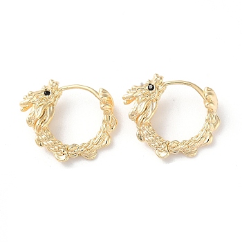 Brass Micro Pave Cubic Zirconia Hoop Earrings, Dragon, Real 18K Gold Plated, 16.5x5.5mm
