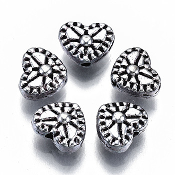 Tibetan Style Alloy Beads, Heart, Cadmium Free & Lead Free, Antique Silver, 7x8.5x4mm, Hole: 1.2mm, about 1388pcs/1000g