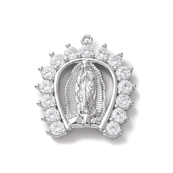 Eco-friendly Rack Plating Brass Micro Pave Cubic Zirconia Pendants, Cadmium Free & Lead Free, Long-Lasting Plated, Horseshoe with Religion Virgin Mary Charm, Platinum, 18.5x17.5x3.5mm, Hole: 0.8mm