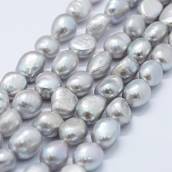 Natural Cultured Freshwater Pearl Beads Strands, Dyed, Potato, Silver, 8~10x7~8x7~8mm, Hole: 0.5mm, about 36pcs/strand, 13.58 inch(34.5cm)