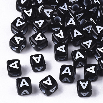 Opaque Acrylic Beads, Horizontal Hole, Alphabet Style, Cube, Black & White, Letter.A, 5x5x5mm, Hole: 2mm, about 500pcs/50g