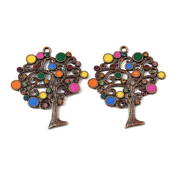 Alloy Enamel Big Pendants, with Rhinestone, Tree of Life Charms, Red Copper, Colorful, 68x60x3mm, Hole: 3.5mm