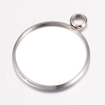 304 Stainless Steel Pendant Cabochon Settings, Flat Round, Stainless Steel Color, Tray: 20mm, 26.5x22x2mm, Hole: 3.5mm