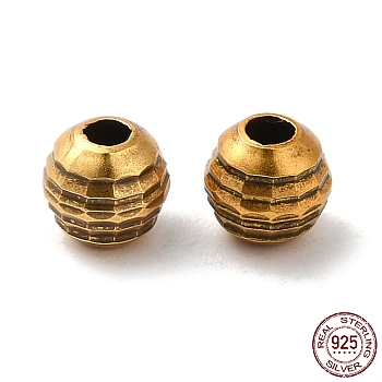 925 Sterling Silver Beads, Grooved Round, Antique Golden, 4mm, Hole: 1.4mm