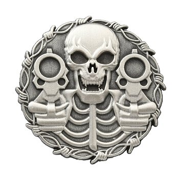 Alloy Pin, Brooch for Backpack Clothes, Halloween Skull with Gun Shape, Antique Silver, 47x3mm