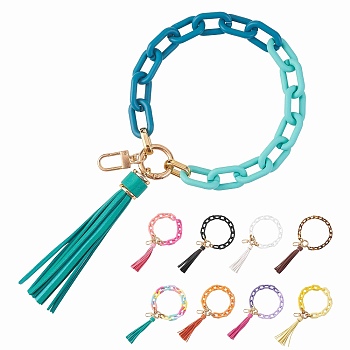 Chain Link Wristlet Keychain, Acrylic Bracelet Tassel Keychain, with Alloy Findings, Green, 29cm