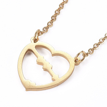 304 Stainless Steel Pendant Necklaces, with Cable Chains and Lobster Claw Clasps, Heart with Arrow, Golden, 18.30 inch(46.5cm)