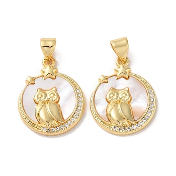Brass Micro Pave Clear Cubic Zirconia Pendants, with Shell, Real 18K Gold Plated, Owl, Flat Round, 20.5x16x3.5mm, Hole: 5.5x3.5mm