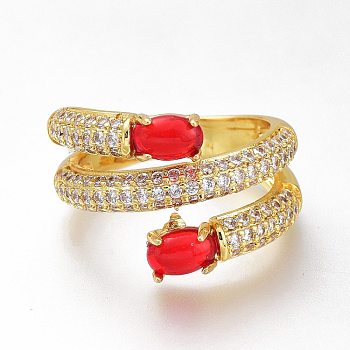 Brass Micro Pave Cubic Zirconia Cuff Open Rings, Wide Band Rings, Long-Lasting Plated, Oval, Golden, Red, US Size 6(16.5mm)