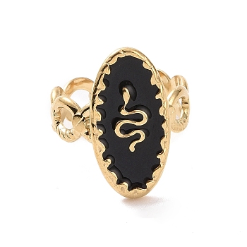 Black Enamel Oval with Snake Open Cuff Ring, Titanium Steel Jewelry for Women, Golden, Inner Diameter: 18mm