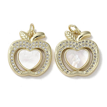 Brass Micro Pave Cubic Zirconia Pendants, with Shell, Real 18K Gold Plated, Apple, 19x16.5x3mm, Hole: 3mm