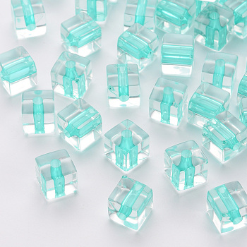 Transparent Acrylic Beads, Cube, Turquoise, 8x7.5x7.5mm, Hole: 1.8mm, about 900pcs/500g