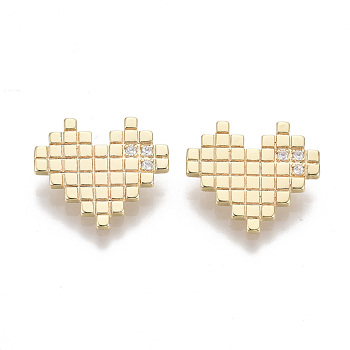 Brass Micro Pave Clear Cubic Zirconia Charms, Heart with Grid Pattern, Nickel Free, Real 18K Gold Plated, 14x15.5x4mm, Hole: 1.8mm