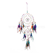 Iron Woven Web/Net with Feather Pendant Decorations, with Wood Beads, Covered with  Cotton Cord, Resin Flower, Flat Round, Colorful, 710mm(AJEW-B016-05)