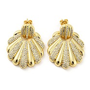 Brass Micro Pave Cubic Zirconia Dangle Stud Earrings, Shell Shape, Real 16K Gold Plated, 32x24.5mm(EJEW-C066-10G)
