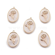 Natural Freshwater Shell Pendants, Oval with Flower Charms, with Brass Findings, Light Gold, 27x18x4.5mm, Hole: 1.8mm(BSHE-E028-11KCG)