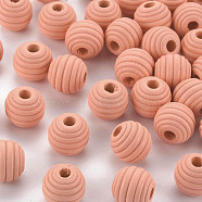 Painted Natural Wood Beehive Beads, Round, Light Coral, 12x11mm, Hole: 3mm(WOOD-S049-04A-10)