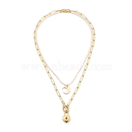 Pendant Necklaces Sets, with Natural Pearl Beads, Brass Paperclip Chains & Moon Charms, 304 Stainless Steel Heart Lock Pendants & Clasps, Golden, 15.35 inch(39cm), 19.09 inch(48.5cm), 2pcs/set(NJEW-JN02973-01)