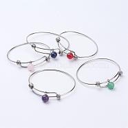 304 Stainless Steel Expandable Bangles, with Natural Gemstone Beads, Mixed Color, 56mm(2-1/4 inch), Beads: 10mm(BJEW-JB02785)