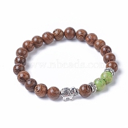 Dyed Wood Round Beads Stretch Bracelets, with Natural Imperial Jasper(Dyed) Beads, Tibetan Style Antique Silver Plated Alloy Elephant Beads & Spacer Beads, 2 inch(5.1cm)(BJEW-JB04839-04)