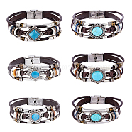 6Pcs 6 Style Cowhide Rope Triple Layer Multi-strand Bracelets Set, Synthetic Turquoise & Stainless Steel Beaded & Cat Eye Gothic Bracelets for Women, Mixed Shapes, 8-1/4~8-7/8 inch(21~22.4cm), 1Pc/style(BJEW-FI0001-43)